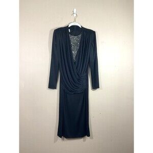 VTG Womens Draped Front Midi Dress 8 Black Glam Party Formal Cocktail 80s Gala